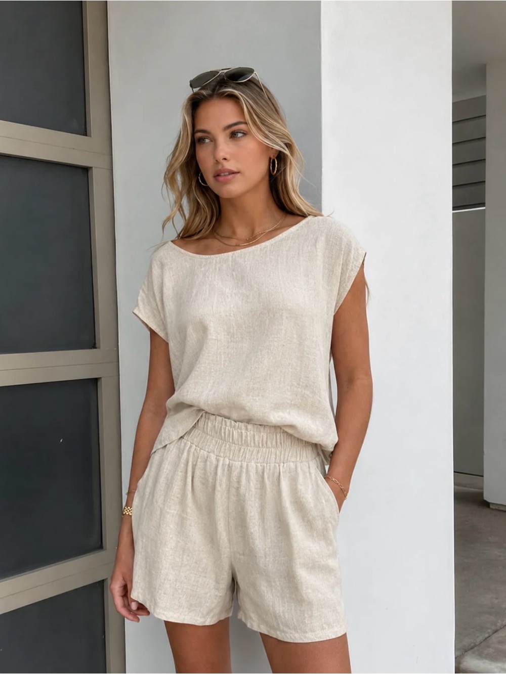 Commense Cotton & Linen-Blend Pockets Short Set